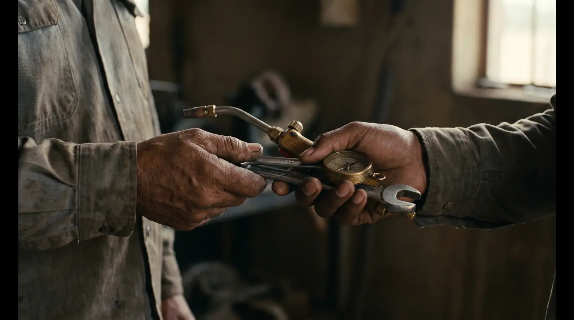 An older tradesman passing a wrench, torch and compass into the hands of a younger one.