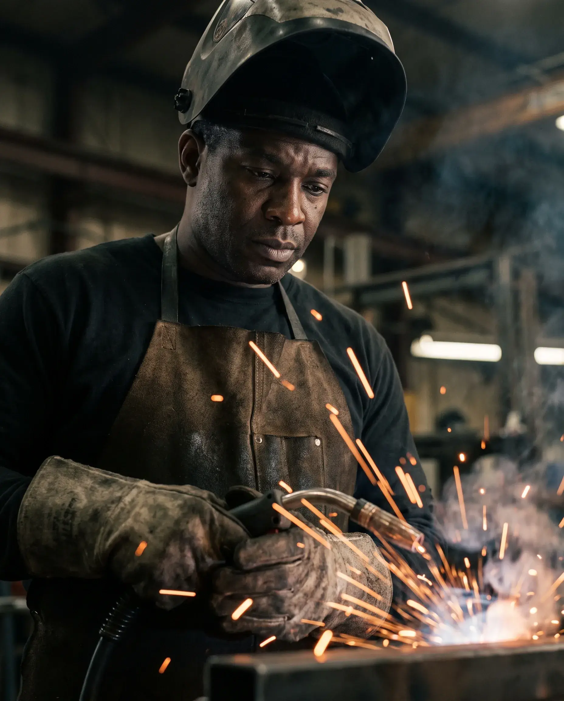 A welder at work in a dark shop, sparks arcing from the torch, lit gold by the arc.