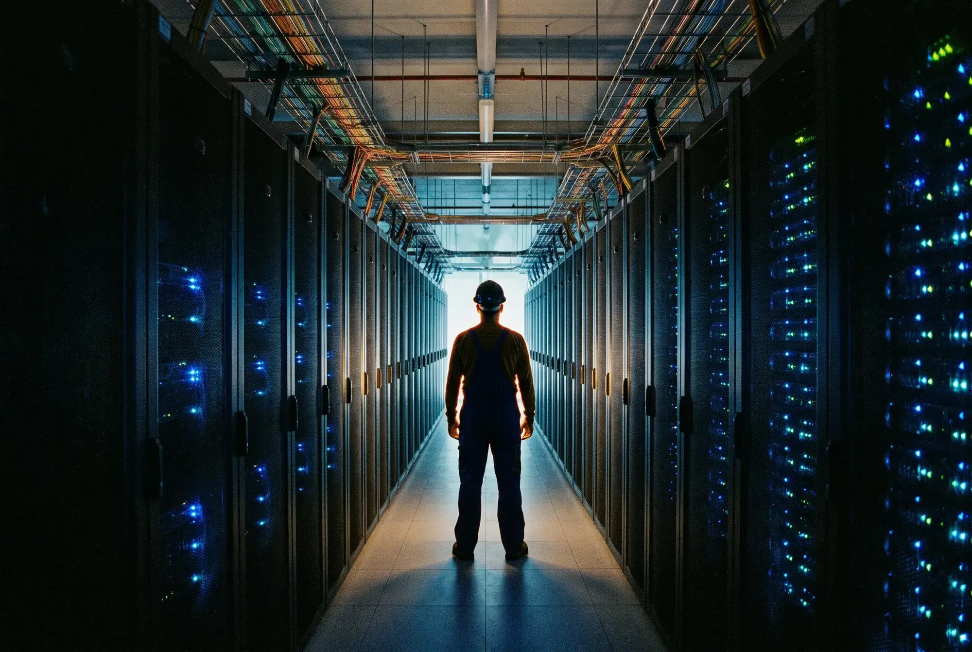 An electrician silhouetted inside a hyperscale data center, rows of servers glowing behind.
