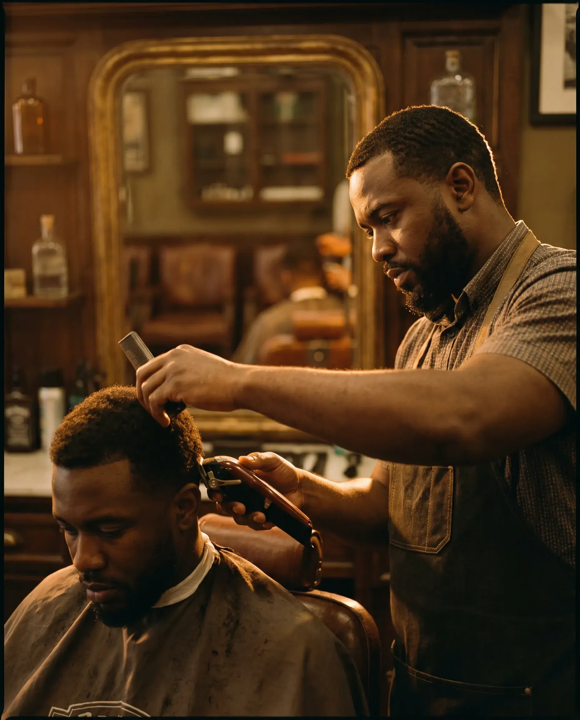 A master barber mid-cut, clippers and comb in hand, concentrating in a warm-lit shop.