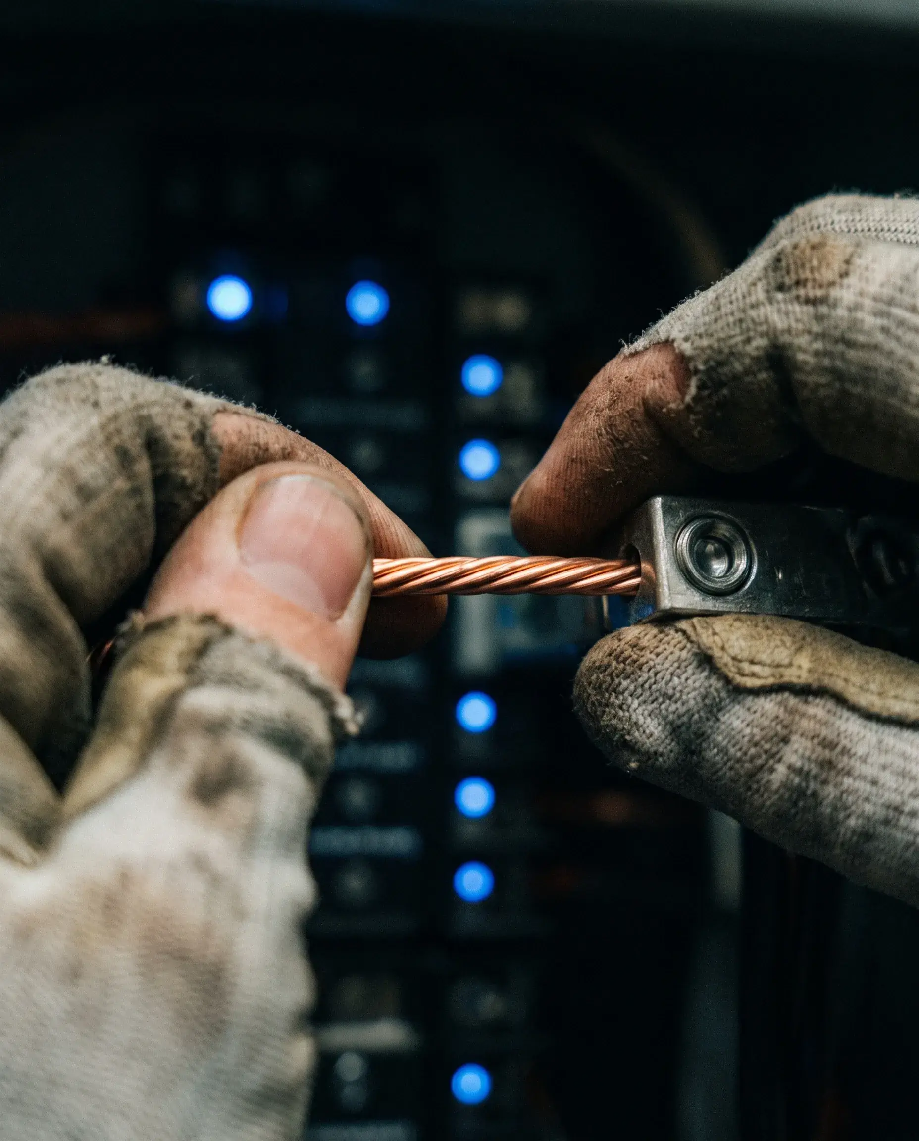 Gloved hands terminating copper conductors inside an industrial electrical panel.
