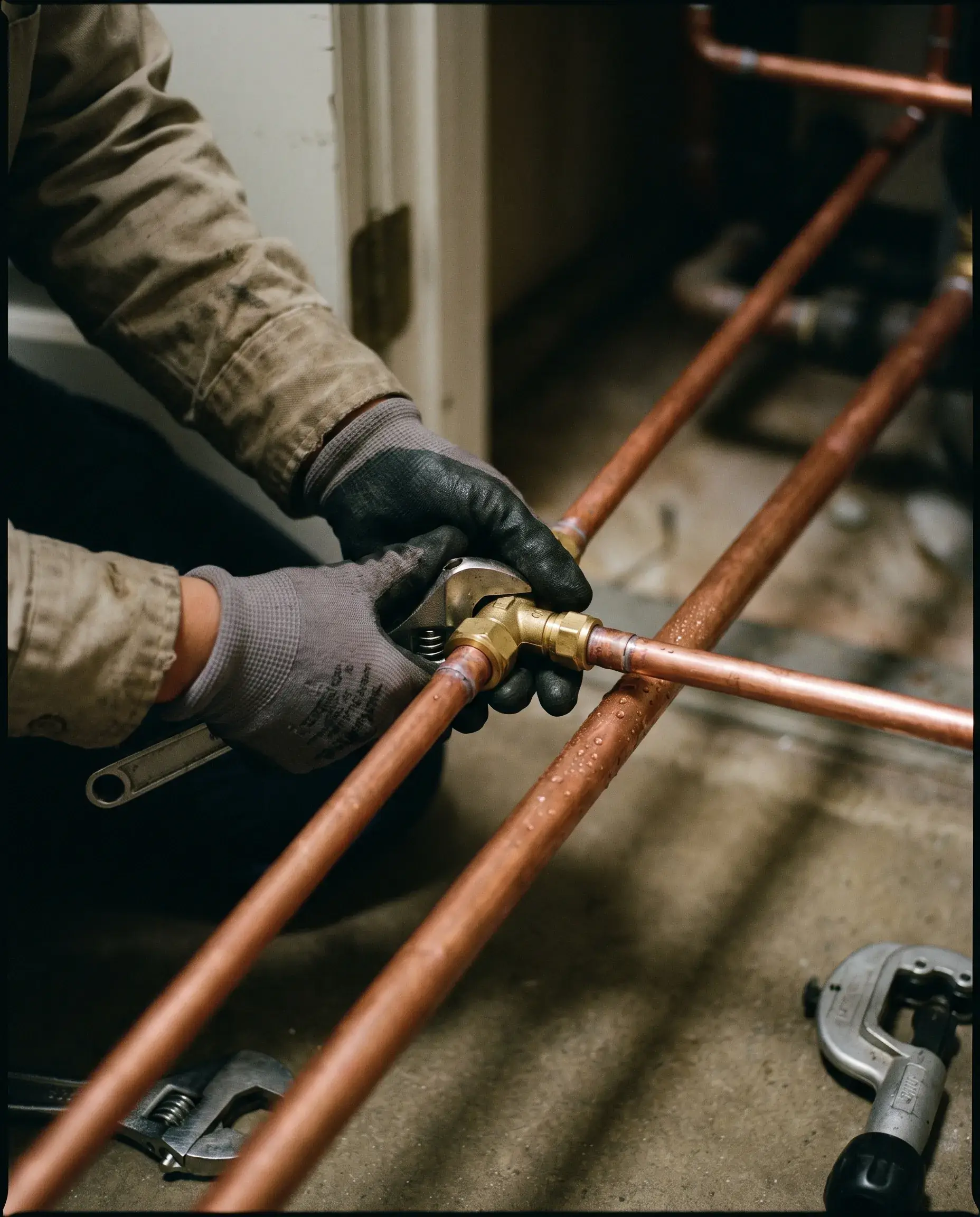 A technician’s hands fitting copper refrigerant lines, condensation beading on the pipe.
